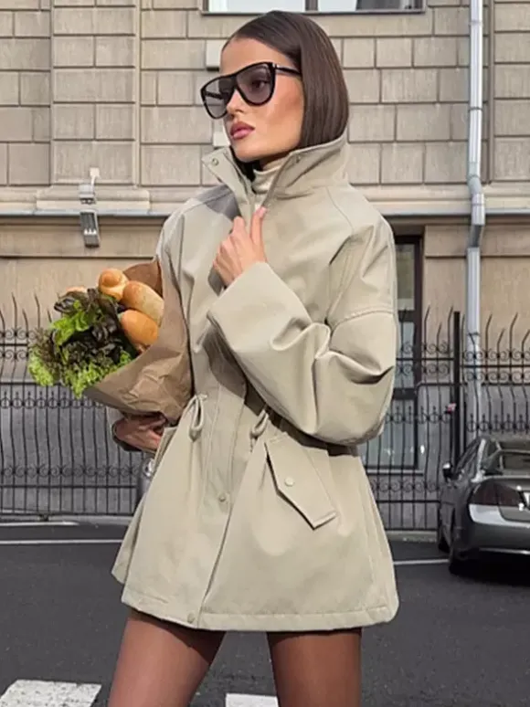 Veste utilitaire en pur coton pour femme - Coupe-vent slim fit à cordon de serrage style chic français - Vêtements d'extérieur décontractés pour le printemps 2026