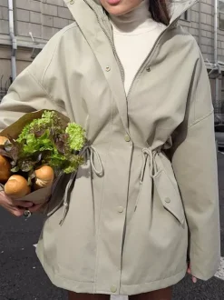 Veste utilitaire en pur coton pour femme - Coupe-vent slim fit à cordon de serrage style chic français - Vêtements d'extérieur décontractés pour le printemps 2026