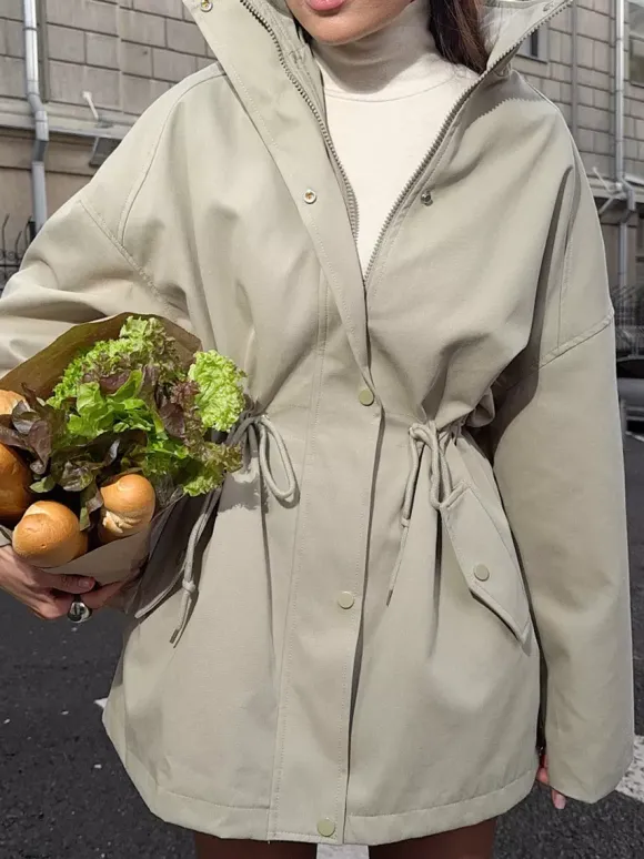Veste utilitaire en pur coton pour femme - Coupe-vent slim fit à cordon de serrage style chic français - Vêtements d'extérieur décontractés pour le printemps 2026