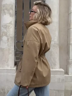 Veste utilitaire en pur coton pour femme - Coupe-vent slim fit à cordon de serrage style chic français - Vêtements d'extérieur décontractés pour le printemps 2026