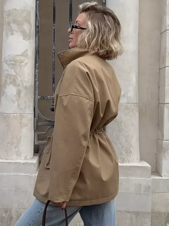 Veste utilitaire en pur coton pour femme - Coupe-vent slim fit à cordon de serrage style chic français - Vêtements d'extérieur décontractés pour le printemps 2026