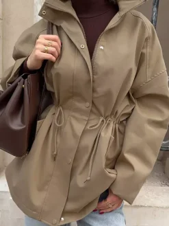 Veste utilitaire en pur coton pour femme - Coupe-vent slim fit à cordon de serrage style chic français - Vêtements d'extérieur décontractés pour le printemps 2026