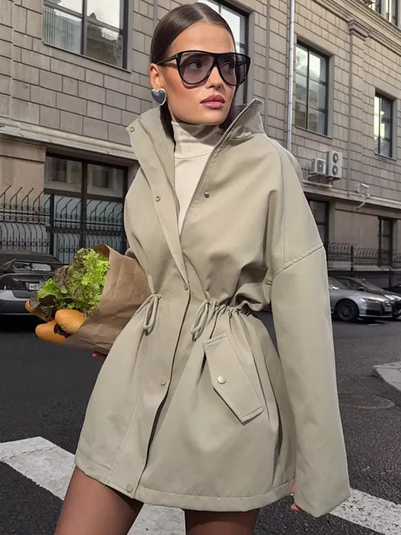 Veste utilitaire en pur coton pour femme - Coupe-vent slim fit à cordon de serrage style chic français - Vêtements d'extérieur décontractés pour le printemps 2026