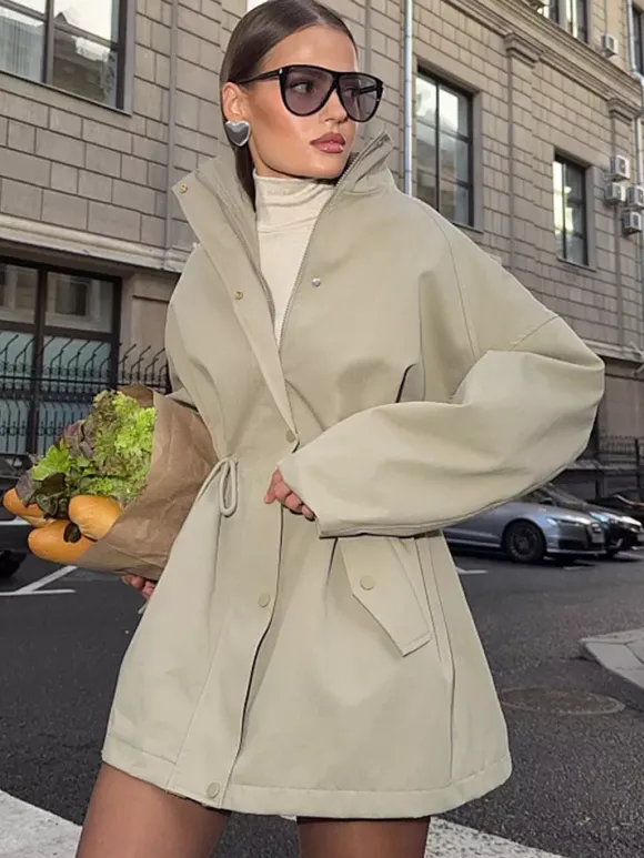 Veste utilitaire en pur coton pour femme - Coupe-vent slim fit à cordon de serrage style chic français - Vêtements d'extérieur décontractés pour le printemps 2026