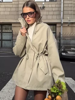 Veste utilitaire en pur coton pour femme - Coupe-vent slim fit à cordon de serrage style chic français - Vêtements d'extérieur décontractés pour le printemps 2026
