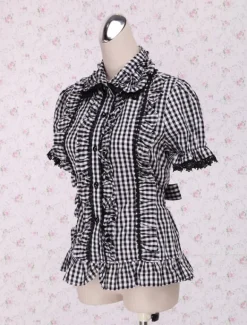 Vichy blanc noir Lolita Blouse manches courtes volants dentelle Déguisements Halloween