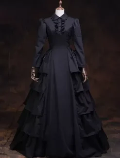 Victoria Robe Costume noir rétro à volants femmes mascarade robes de bal royal Déguisement Vintage Déguisements Halloween