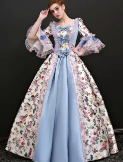 Victoria Robe Costume Rococo Opéra Vintage gris bleu en jacquard Déguisements Halloween