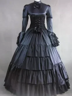 Victoria Robe Opéra Médiévale Costume Rococo Marie Antoinette Vintage Robe Volants En Satin Noir Rétro Femmes Déguisements Halloween