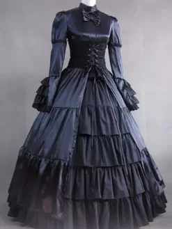 Victoria Robe Opéra Médiévale Costume Rococo Marie Antoinette Vintage Robe Volants En Satin Noir Rétro Femmes Déguisements Halloween