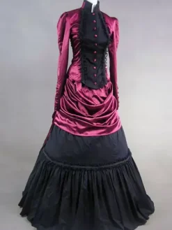 Victoria Robe Opéra Médiévale Costume Rococo Marie Antoinette Vintage Robe Volants En Satin Noir Rétro Femmes Déguisements Halloween Bourgogne