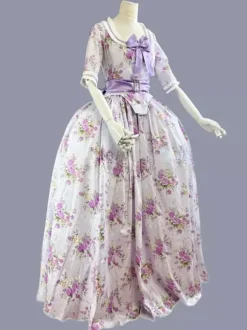 Violet rétro Costumes arcs Polyester imprimé fleuri robe femmes rétro Marie Antoinette Costume tunique fête robe de bal