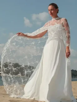 Voile de mariage à un niveau avec bordure en dentelle et fleurs