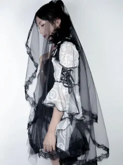 Voile de Mariée 2026 Noir Dentelle Tulle Déguisements Halloween Cosplay Accessoire