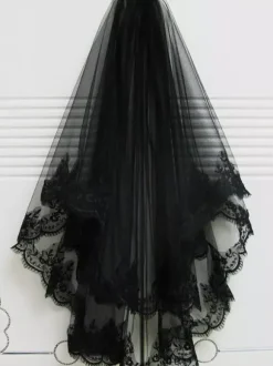 Voiles de mariage noir plissé crêpe longue voile de mariée classique