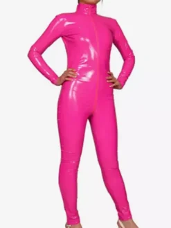 Vêtement de zentai rose de combinaison de PVC collant sans gants