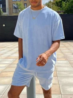 Vêtements d'actif pour hommes 2 pièces manches courtes bijou col bleu