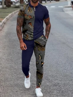 Vêtements de sport pour hommes 2 pièces imprimés à manches courtes col rabattu kaki