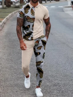 Vêtements de sport pour hommes 2 pièces imprimés à manches courtes col rabattu kaki