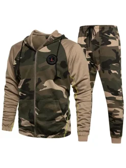 Vêtements d'actif pour hommes 2 pièces Color Block manches longues Kaki