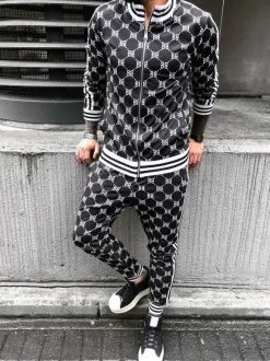 Vêtements d'active pour hommes 2 pièces imprimées à manches longues noir