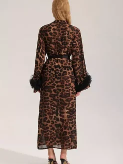 Vêtements d'intérieur manches longues imprimé léopard ceinture oversize en mousseline de soie