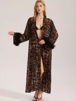 Vêtements d'intérieur manches longues imprimé léopard ceinture oversize en mousseline de soie