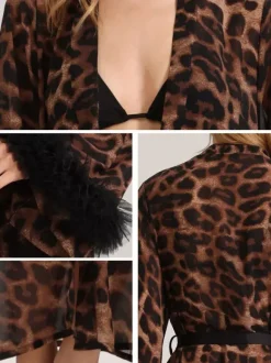 Vêtements d'intérieur manches longues imprimé léopard ceinture oversize en mousseline de soie