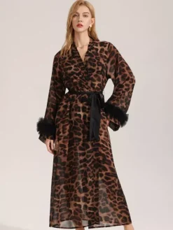 Vêtements d'intérieur manches longues imprimé léopard ceinture oversize en mousseline de soie