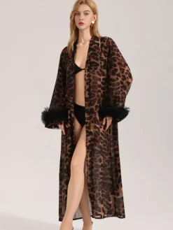 Vêtements d'intérieur manches longues imprimé léopard ceinture oversize en mousseline de soie