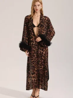 Vêtements d'intérieur manches longues imprimé léopard ceinture oversize en mousseline de soie