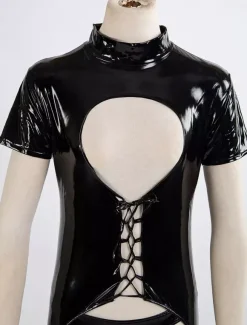 Zentai Sexy Déguisements Halloween Catsuit Sexy Découpez Costume Gimp Body Noir En PVC Noir